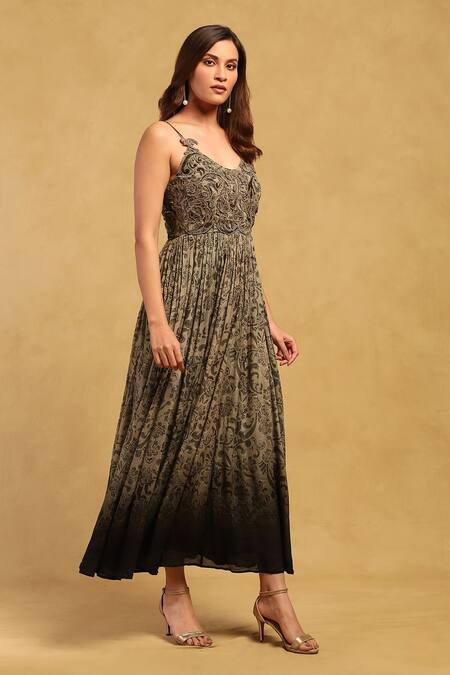 Shop Ritu Kumar Grey Viscose, Chiffon Embroidery Round Neck Jalaj Floral Print Dress Shop_Ritu Kumar_Grey Viscose, Chiffon Embroidery Round Neck Jalaj Floral Print Dress