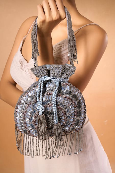 Nazaakat By Samara Singh Gray Embroidery, Beads Intricate Stone Work Potli Bag 