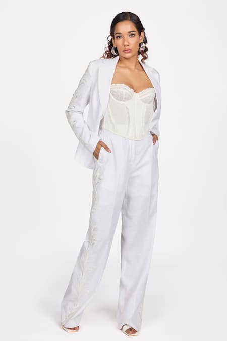 Dev And Viv_White Embroidery Trouser _Online_at_Aza_Fashions