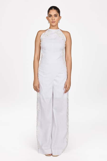 Shop_Dev And Viv_White Beads, Embroidery Halter Neck Floral Patterm Jumpsuit _Online_at_Aza_Fashions