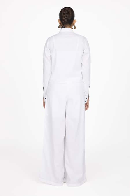 Shop Dev And Viv White Collared Cropped Shirt Jacket at Aza Fashions Shop_Dev And Viv_White Collared Cropped Shirt Jacket _at_Aza_Fashions