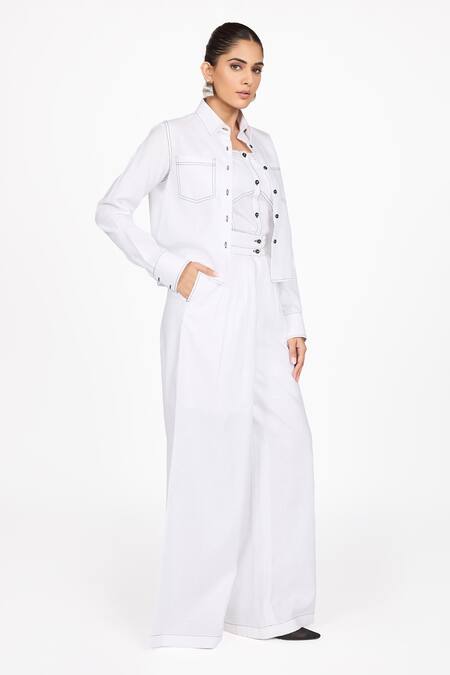 Dev And Viv_White Collared Cropped Shirt Jacket _Online_at_Aza_Fashions