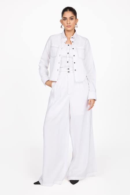 Dev And Viv White Collared Cropped Shirt Jacket 