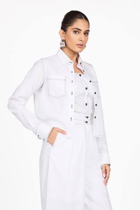 Dev And Viv White Collared Cropped Shirt Jacket at Aza Fashions Dev And Viv_White Collared Cropped Shirt Jacket _at_Aza_Fashions