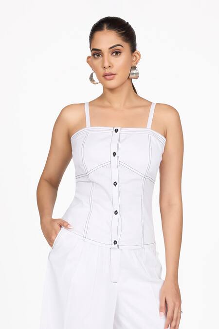 Dev And Viv White Lycra Square Neck Plain Corset Bustier at Aza Fashions Dev And Viv_White Lycra Square Neck Plain Corset Bustier _at_Aza_Fashions