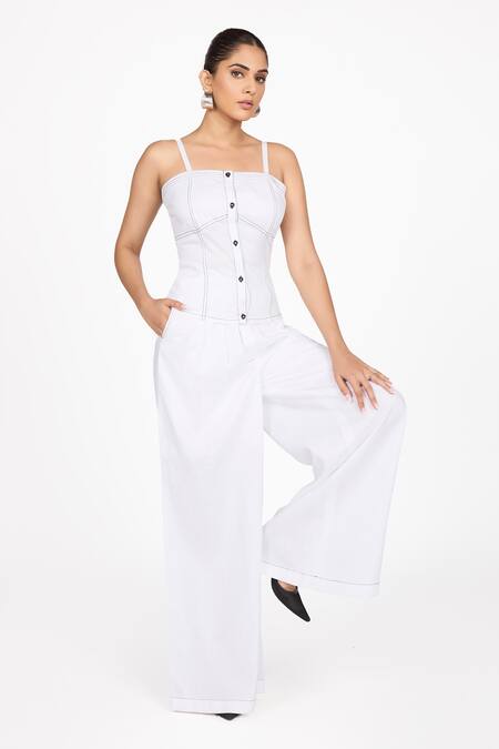Dev And Viv_White Lycra Plain Trouser _Online_at_Aza_Fashions