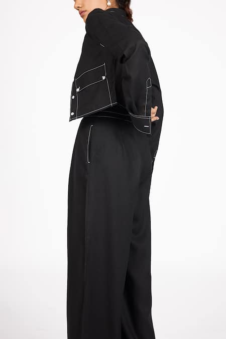 Dev And Viv Black Round Neck Cropped Shirt Jacket at Aza Fashions Dev And Viv_Black Round Neck Cropped Shirt Jacket _at_Aza_Fashions