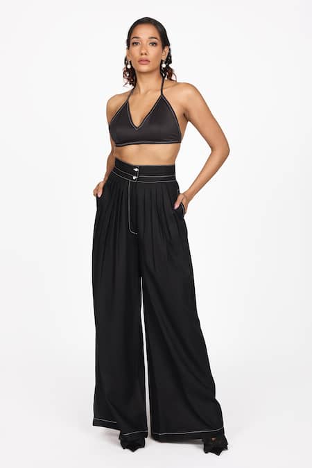 Buy_Dev And Viv_Black Lycra Plain Wide Legged Trouser _Online_at_Aza_Fashions