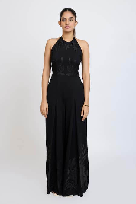 Dev And Viv_Black Lycra Embroidery Halter Neck Tonal Jumpsuit _Online_at_Aza_Fashions