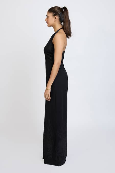 Buy_Dev And Viv_Black Lycra Embroidery Halter Neck Tonal Jumpsuit _Online_at_Aza_Fashions