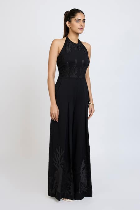 Shop_Dev And Viv_Black Lycra Embroidery Halter Neck Tonal Jumpsuit _Online_at_Aza_Fashions
