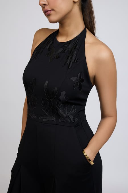 Dev And Viv_Black Lycra Embroidery Halter Neck Tonal Jumpsuit _at_Aza_Fashions