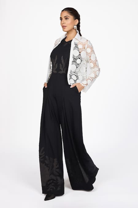 Shop Dev And Viv White Lace Embroidery Round Neck Jacket Online at Aza Fashions Shop_Dev And Viv_White Lace Embroidery Round Neck Jacket _Online_at_Aza_Fashions