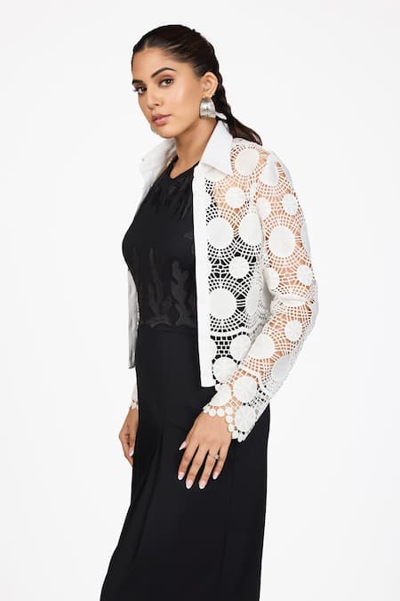 Dev And Viv White Lace Embroidery Round Neck Jacket at Aza Fashions Dev And Viv_White Lace Embroidery Round Neck Jacket _at_Aza_Fashions
