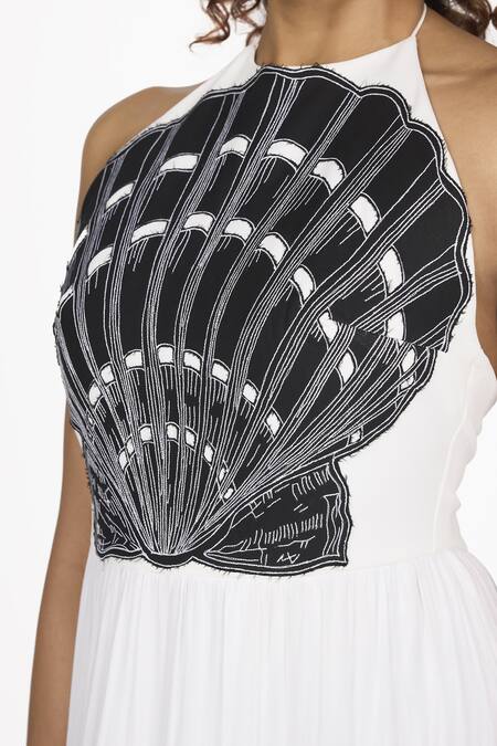 Buy_Dev And Viv_Black Cotton Embroidery Halter Neck Shell Pattern Gown _Online_at_Aza_Fashions