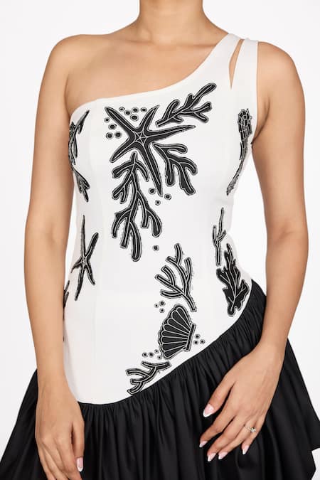 Dev And Viv Black Rayon Embroidery One Shoulder Star Fish Pattern Dress Online at Aza Fashions Dev And Viv_Black Rayon Embroidery One Shoulder Star Fish Pattern Dress _Online_at_Aza_Fashions