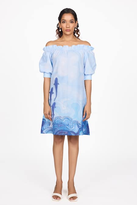 Buy Dev And Viv Blue Cotton Off-shoulder Fish Pattern Dress Online at Aza Fashions Buy_Dev And Viv_Blue Cotton Off-shoulder Fish Pattern Dress _Online_at_Aza_Fashions