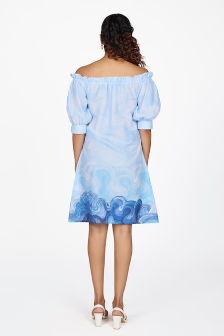 Shop Dev And Viv Blue Cotton Off-shoulder Fish Pattern Dress at Aza Fashions Shop_Dev And Viv_Blue Cotton Off-shoulder Fish Pattern Dress _at_Aza_Fashions
