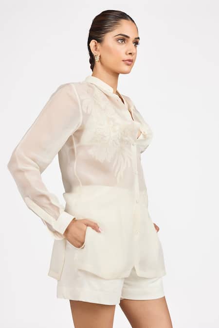 Shop_Dev And Viv_Beige Organza Embroidery Collared Shirt _Online_at_Aza_Fashions