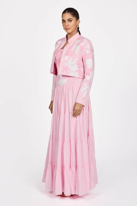 Dev And Viv_Pink Polyester Embroidery Round Neck Jacket _Online_at_Aza_Fashions