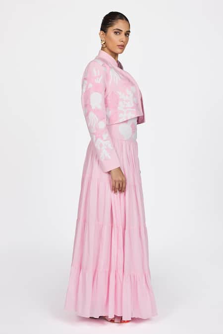 Buy_Dev And Viv_Pink Polyester Embroidery Round Neck Jacket _Online_at_Aza_Fashions