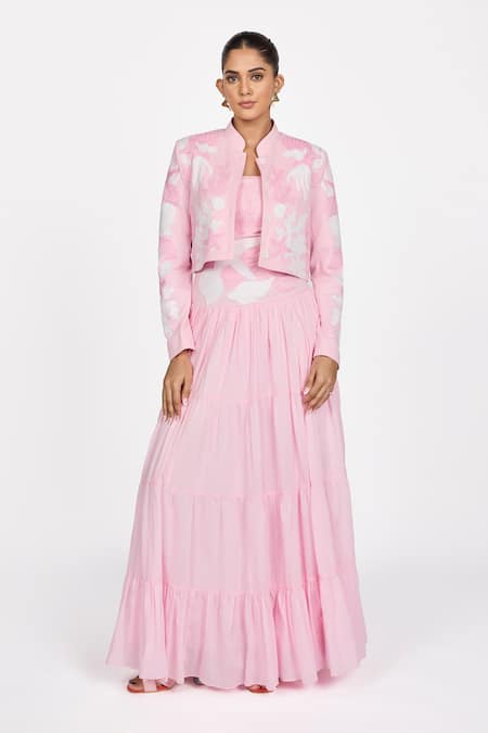 Dev And Viv Pink Polyester Embroidery Round Neck Jacket 