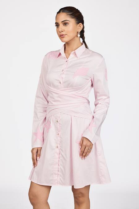 Dev And Viv_Pink Cotton Embroidery Collared Draped Short Dress _Online_at_Aza_Fashions
