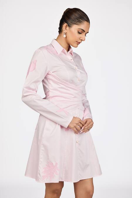 Buy_Dev And Viv_Pink Cotton Embroidery Collared Draped Short Dress _Online_at_Aza_Fashions