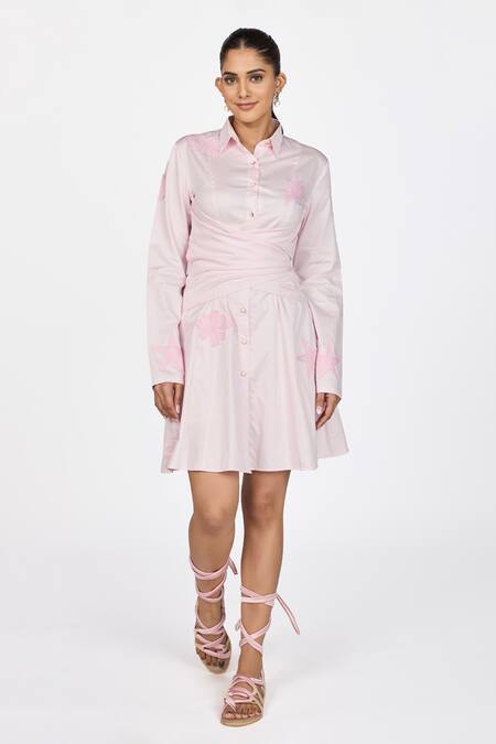 Shop_Dev And Viv_Pink Cotton Embroidery Collared Draped Short Dress _Online_at_Aza_Fashions