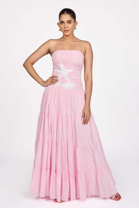 Dev And Viv_Pink Cotton Embroidery Open Neck Star Fish Pattern Dress _Online_at_Aza_Fashions