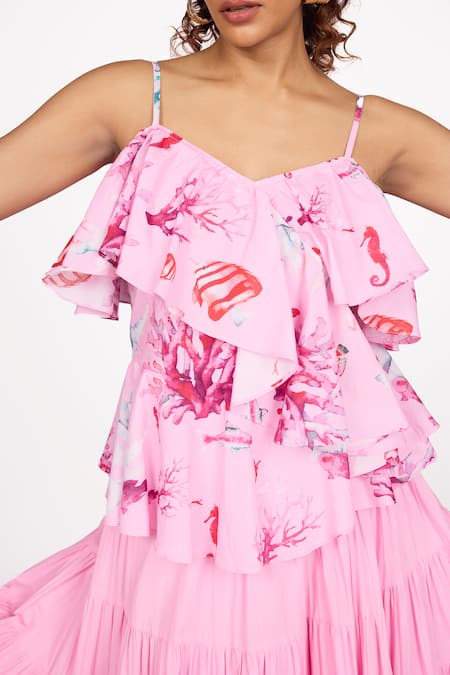 Buy_Dev And Viv_Pink Cotton Open Neck Printed Ruffled Top _Online_at_Aza_Fashions