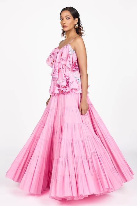 Shop_Dev And Viv_Pink Cotton Open Neck Printed Ruffled Top _Online_at_Aza_Fashions