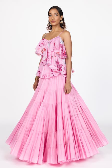 Dev And Viv_Pink Cotton Open Neck Printed Ruffled Top _at_Aza_Fashions