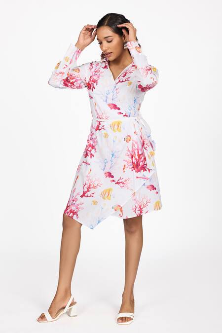 Dev And Viv_White Cotton Collared Floral Print Dress _Online_at_Aza_Fashions