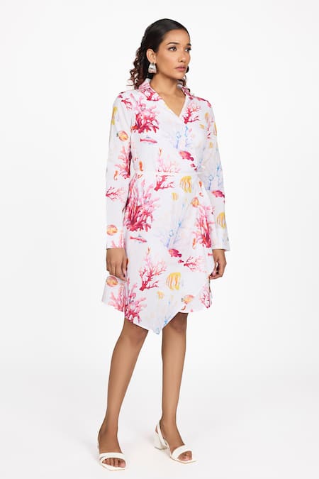 Buy_Dev And Viv_White Cotton Collared Floral Print Dress _Online_at_Aza_Fashions