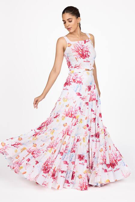 Buy_Dev And Viv_White Cotton Square Neck Floral Print Top With Skirt _Online_at_Aza_Fashions
