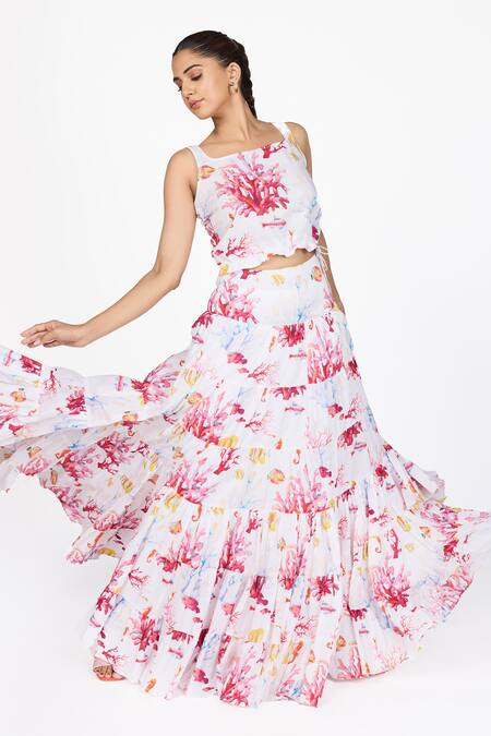 Shop_Dev And Viv_White Cotton Square Neck Floral Print Top With Skirt _Online_at_Aza_Fashions