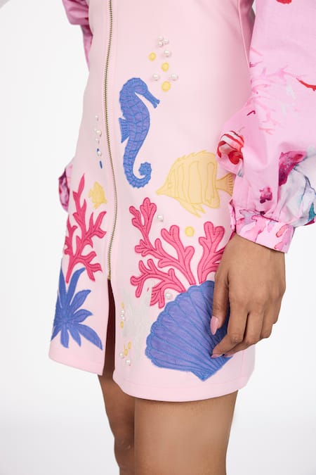 Dev And Viv_Pink Rayon Embroidery, Pearls Collared Under Water Pattern Dress _Online_at_Aza_Fashions