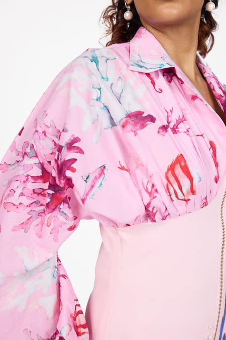 Buy_Dev And Viv_Pink Rayon Embroidery, Pearls Collared Under Water Pattern Dress _Online_at_Aza_Fashions