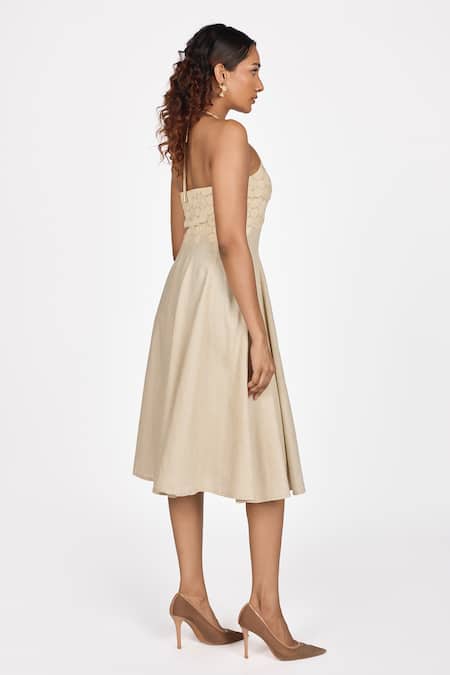 Dev And Viv_Beige Embroidery Halter Neck Yoke Dress _Online_at_Aza_Fashions