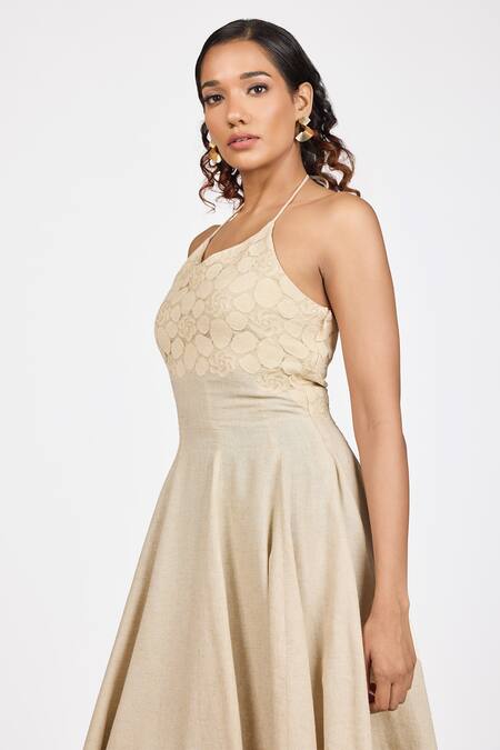Buy_Dev And Viv_Beige Embroidery Halter Neck Yoke Dress _Online_at_Aza_Fashions