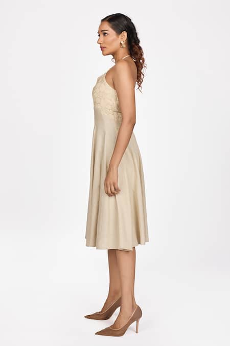 Shop_Dev And Viv_Beige Embroidery Halter Neck Yoke Dress _Online_at_Aza_Fashions