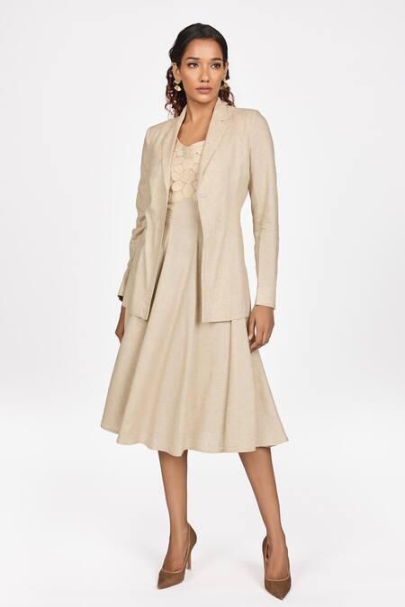 Shop_Dev And Viv_Beige One Button Blazer _Online_at_Aza_Fashions