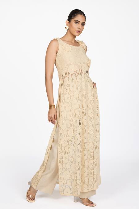 Dev And Viv_Beige Lace Round Neck Embroidered Dress _Online_at_Aza_Fashions