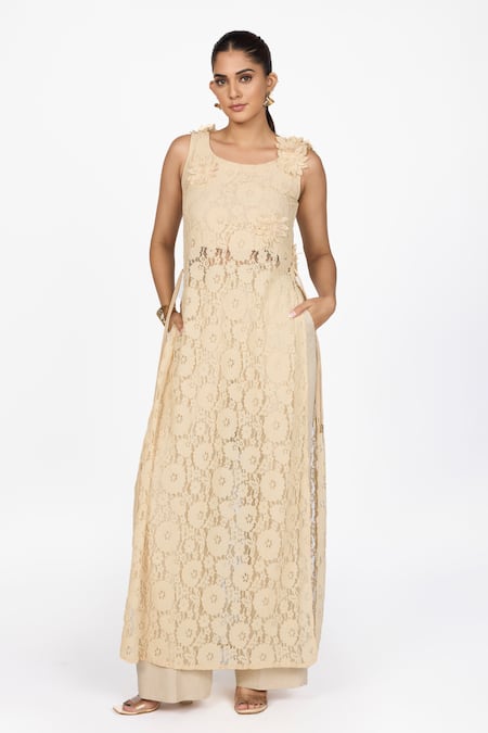 Buy_Dev And Viv_Beige Lace Round Neck Embroidered Dress _Online_at_Aza_Fashions