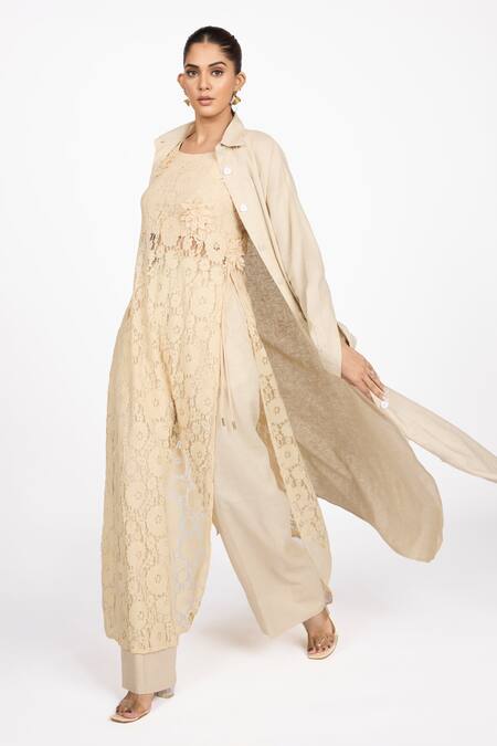 Dev And Viv_Beige Lycra Round Neck Plain Long Jacket _Online_at_Aza_Fashions