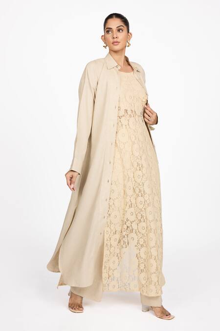 Buy_Dev And Viv_Beige Lycra Round Neck Plain Long Jacket _Online_at_Aza_Fashions