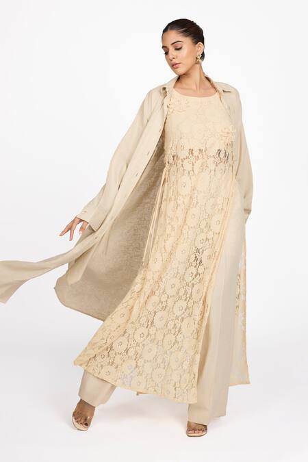 Dev And Viv_Beige Lycra Round Neck Plain Long Jacket _at_Aza_Fashions