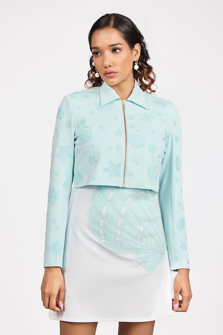 Dev And Viv_Blue Rayon Embroidery Collared Jacket _at_Aza_Fashions