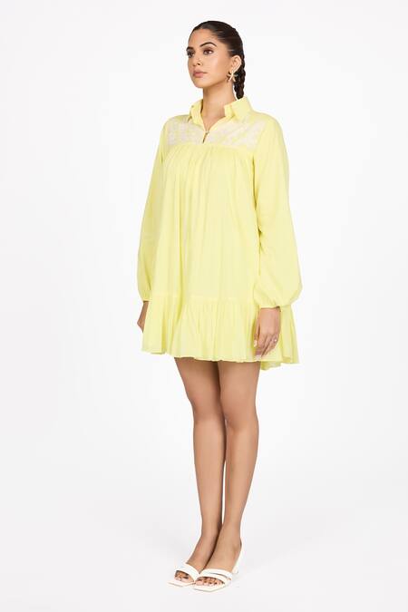 Buy_Dev And Viv_Yellow Cotton Embroidery Collared Yoke Dress _Online_at_Aza_Fashions